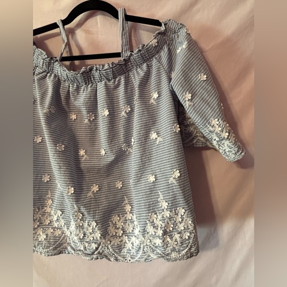 Elegant Blue Striped Blouse with White Floral Details - Picture 11 of 12